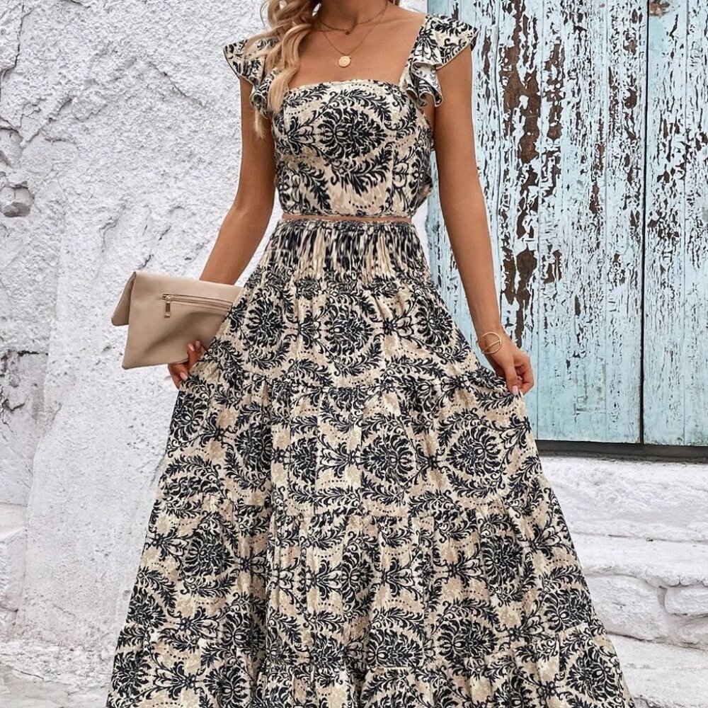 Multicolor Casual Womens Allover Print Ruffle Trim Top & Skirt